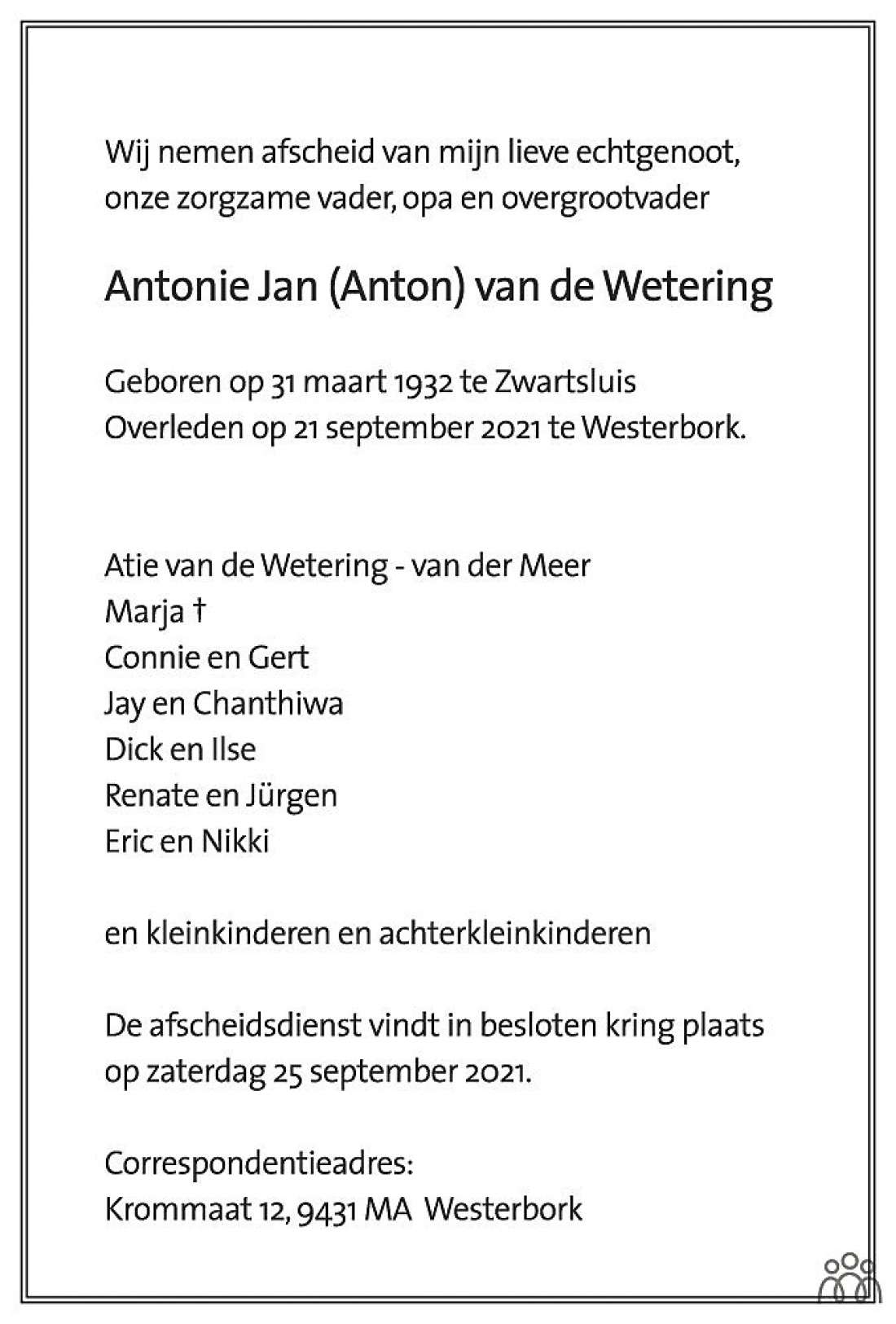 overlijden Anton van de Wetering